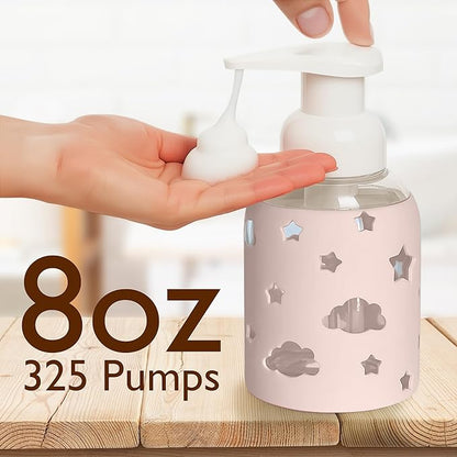 SoCal Suds & Company Glass Foaming Hand Soap Dispenser, Soft Grip Silicone Sleeve, Refillable Pump Bottle for Kids, Baby Wash & Shampoo, Ideal for Home Use, Light Pink 8oz