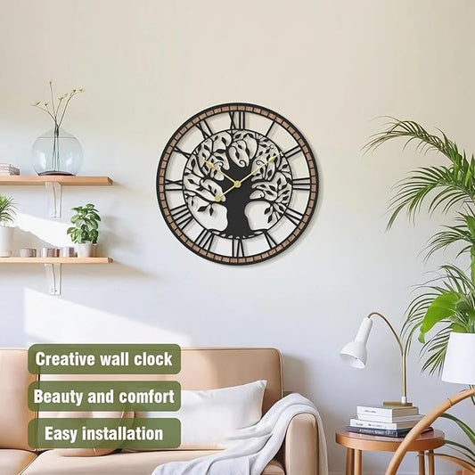Micasso Non-Ticking Large Wall Clock: 15Inch Tree of Life Metal Black with Solid Wood Frame - Battery Operated Silent Clock for Living Room/Office/Bedroom/Kitchen - Home Decor for Teen