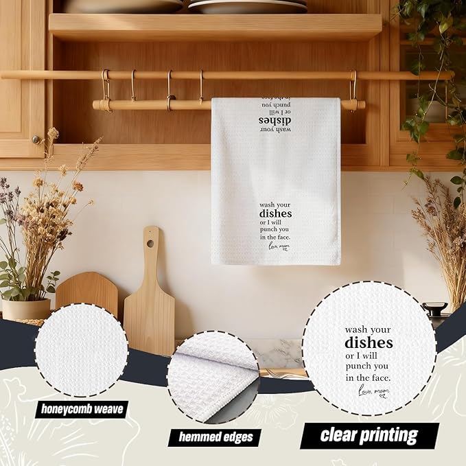 Funny Kitchen Dish Towels, Funny Gifts for Mom, Wash Your Dishes or I Will Punch You in The Face Decorative Hand Tea Towels for Kitchen Dining Room, 16x24 Inch