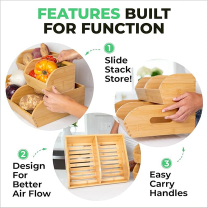 Potato and Onion Storage Bin for Pantry and Kitchen Counter - Ventilated Stackable Bamboo Organizer Baskets with Handles - Multipurpose Organization Containers for Fruit, Vegetable, Pantry - 3 Pack