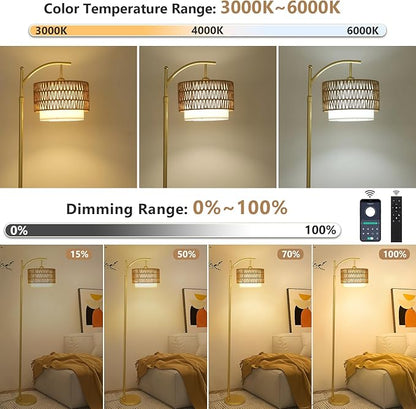Gold Floor Lamps for Living Room with Remote & Dimmable LED Bulb, Modern Arc Floor Lamp with 3 Color Temperatures, Boho Standing Lamp with Rattan & Fabric Shades, Adjustable Tall Lamp for Bedroom