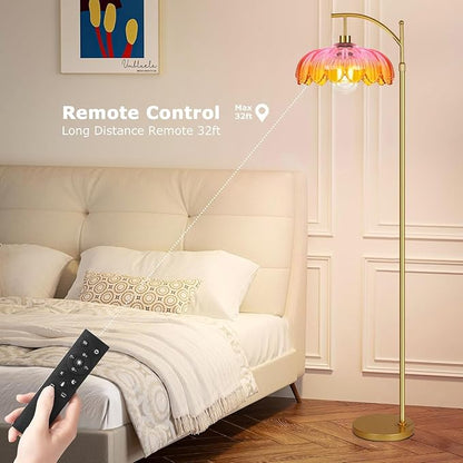 Floor Lamp for Living Room,Bedroom,Gold Dimmable Standing Lamp with Remote,Mid Century Modern Brass Tall Lamp Retro Vintage Glass Lamp Floor Light Boho Bohemian