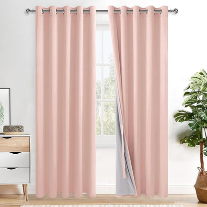 XWZO 100% Blackout Curtains 84 Inches Length with Tiebacks- Full Shade Window Drapes Thermal Insulated Double Layer with Black Liner for Bedroom/Living Room, Grommet, Blush Pink, W60 x L84, Set of 2
