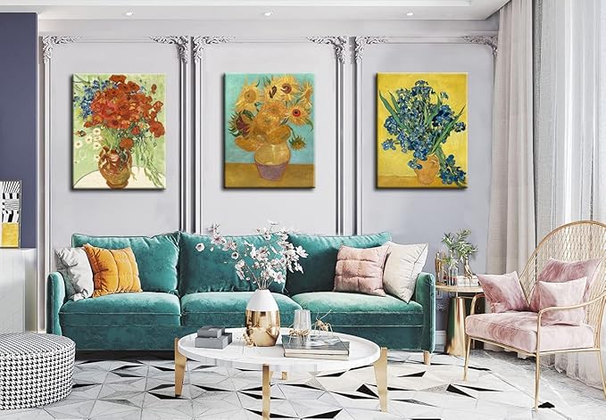 Sunflowers of Vincent Van Gogh Wall Art, Irises Flower Paintings Artwork Reproduction, Giclee Canvas Prints Pictures for Bedroom Kitchen Bathroom Decor 12"x16"x 3 Pcs
