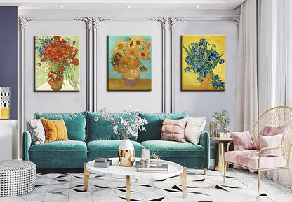 Sunflowers of Vincent Van Gogh Wall Art, Irises Flower Paintings Artwork Reproduction, Giclee Canvas Prints Pictures for Bedroom Kitchen Bathroom Decor 12"x16"x 3 Pcs