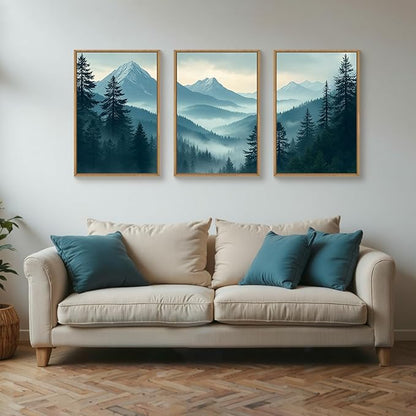 Large Misty Mountain Forest Framed Canvas Wall Art,Nature Pine Tree Wall Decor,Foggy Snow Woodland Wall Painting,Watercolor Scenery Artwork for Living Room,Bedroom,Dining Room,Office -24"x36"x3