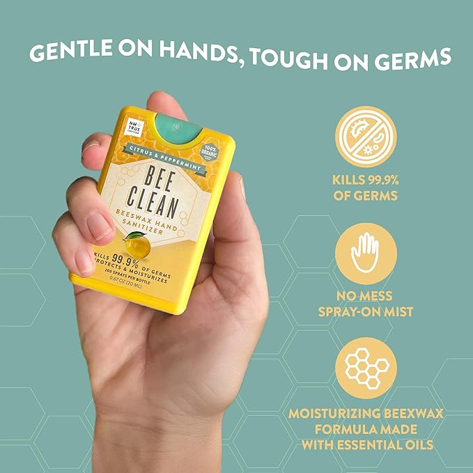 Organic Beeswax Hand Sanitizer Spray - 4-Pack (2 Lavender + 2 Citrus Peppermint), Travel Size Mist Spray with Organic Ethyl Alcohol, Moisturizing with Essential Oils, Non-Toxic, Made in USA