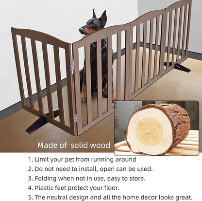 ZJSF Foldable Freestanding Indoor Dog Gate for House Wood Long Pet Gates Dog Fence for Stairs Puppy Gates for Hallways, Puppy Gate,Support Feet Included, Brown, 24 "Height-3 Panels
