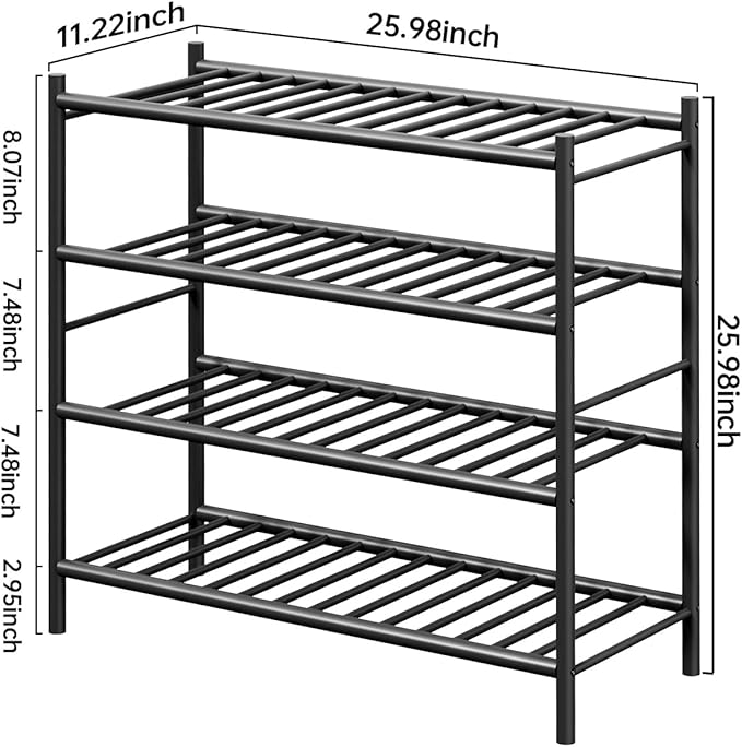 Bamboo Shoe Rack for Closet Small Wooden Shoe Organizer with Pouch, Sturdy Wood Shoe Shelf for Front Door Entrance Entryway and Outdoor, 26 inch Wide (Black, 4-Tier)