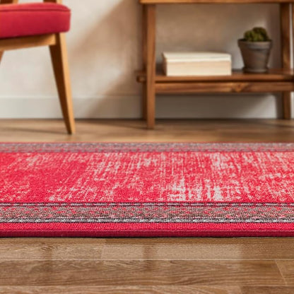 Antep Rugs Alfombras Bordered Modern 2x5 Non-Slip (Non-Skid) Low Pile Rubber Backing Kitchen Area Runner Rug (Red, 2' x 5')