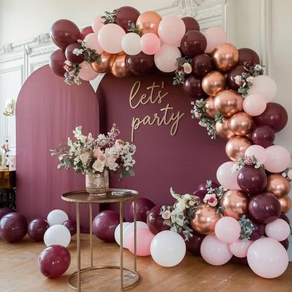Burgundy Balloons, 12 Inch Maroon Balloons, Wine Red White Pearl Metallic Rose Gold Confetti Balloons Latex Balloons for Wedding Anniversary Engagement Romantic Dinner Fall Party Decorations