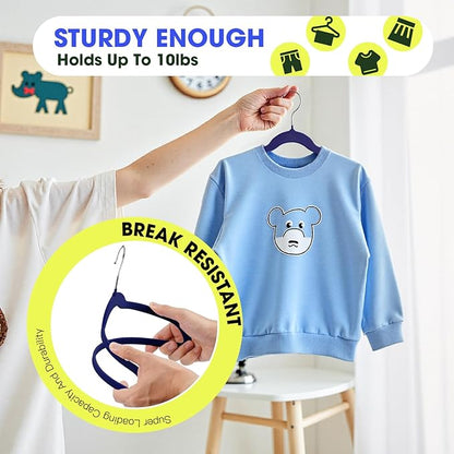 Toddler Hangers,50 Pack 11 Inch,Velvet Baby Hangers Slim & Space-Saving,Baby Clothes Hangers with 360 Swivel Hook,Heavy Duty Felt Hanger for Childrens Coats, Pants,and Dress (Dark Blue)