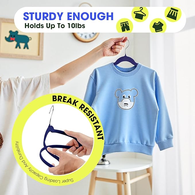 Kids Hangers 50 Pack,14 Inch Kids Velvet Hangers Slim & Space-Saving,Baby Clothes Hangers with 360 Swivel Hook,Heavy Duty Hanger for Infant & Childrens Coats, Pants,and Dress (Dark Blue)
