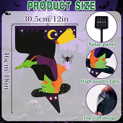 Halloween Solar-Powered Lighted Witch Garden Flag, 12x18 Inch Double-Sided Outdoor Decor with 8 Lighting Modes, Waterproof Yard Flag for Halloween Patio, Lawn & Porch