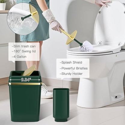 25PCS Bathroom Accessory Set, Dark Green Bathroom Set with Large-Capacity 4 Gallon Trash Can,Bathroom Rugs Set, Waterproof Shower Curtain, Toilet Brush, Toothbrush Holder & Soap Dispenser
