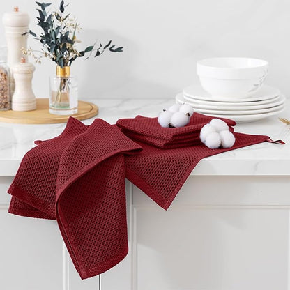 Kitinjoy 100% Cotton Kitchen Towels and Dishcloths Set, 8 Pack Waffle Weave Dish Towels Ultra Soft Absorbent Quick Drying Dish Rags, 13 x 28 Inch and 12 X 12 Inch, Burgundy