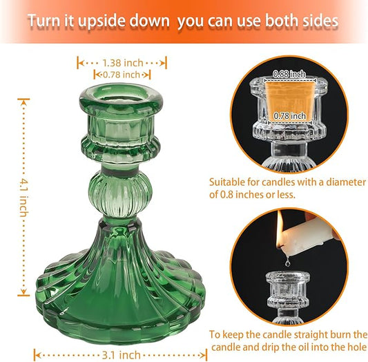 Glass Candlestick Holder,Striped Taper Candle Holders,Set of 6 Candle Stand for Table Centerpieces, Home Decor,Weddings,Festival and Parties (Green Stripe Pattern)