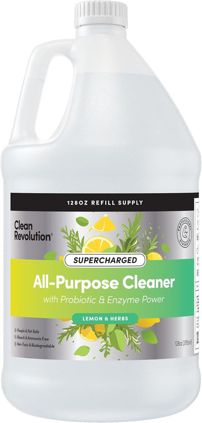 Clean Revolution SuperCharged Multi-Surface Cleaner, Non-Toxic, Eco-Friendly & Plant-Based, Ready to Use, Lemon & Herbs, 128 Fl Oz