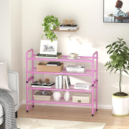 SUFAUY 33" Wide Shoe Rack for Closet, 2 Tier Metal Shoe Organizer Heavy Duty, Stackable, Pink