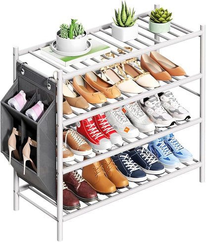 Bamboo Shoe Rack for Closet Small Wooden Shoe Organizer with Pouch, Sturdy Wood Shoe Shelf for Front Door Entrance Entryway and Outdoor, 26 inch Wide (White, 4-Tier)