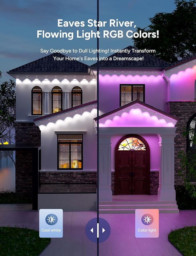 Permanent Outdoor Lights, 150ft with 90 RGB LED Lights for Daily and Christmas, Halloween, 49 Scene Modes+DIY for Outdoor Decor, IP66 Waterproof, Compatible with Alexa, Google Assistant