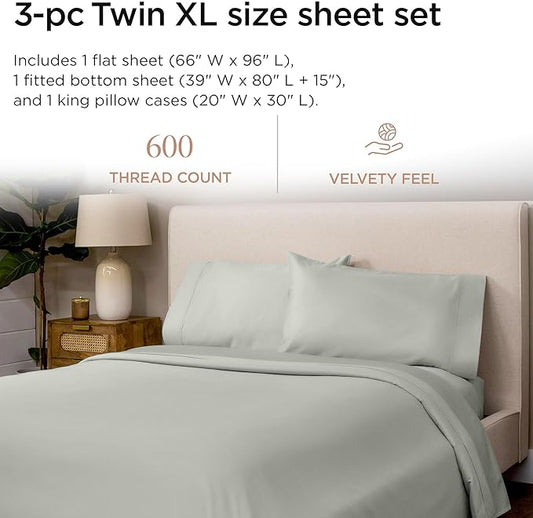 Threadmill 100% Cotton Sheets for Twin XL Size Bed - 600 Thread Count Twin XL Bed Sheets Set with 15” Deep Pocket - Sateen Weave 3-Piece Bedding Set with Cooling Effect, Light Grey