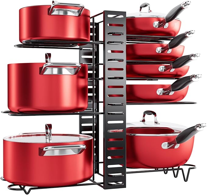 MUDEELA Pots and Pans Organizer Rack under Cabinet, 8-Tier Kitchen Organizers and Storage Pot Racks, Adjustable Pot Organizers inside Cabinet with 3 DIY Methods