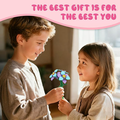 24Pcs Valentine's Day Gifts Party Favor Valentines Small Flower with Valentine Greeting Cards Bouquet Building Blocks Toys for Boys Girls Gifts School Exchange Prize Party Favors