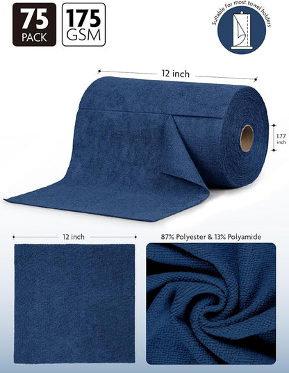 Fantasticlean Microfiber Cleaning Cloth Roll -75 Pack, Tear Away Microfiber Towels, 12" x 12", Reusable, Washable, Scratch Free, Ultra Absorbent for All-Around Cleaning Supplies (Navy Blue)