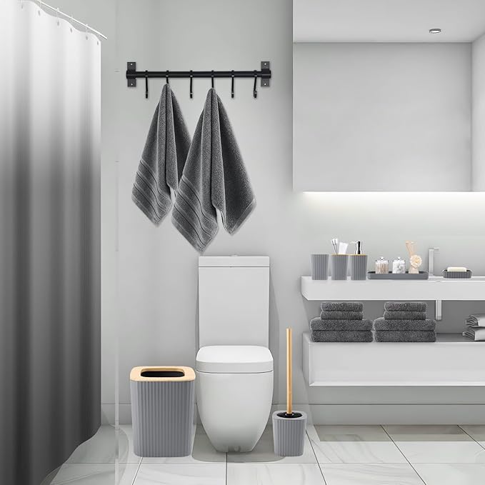 Bathroom Set - Grey Bathroom Accessories Set with Shower Curtain, Bath Towels, Soap Dispenser, Toilet Brush, Trash Can, Grey Bathroom Accessories Sets Complete for Housewarming