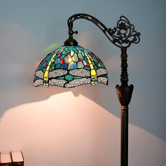 Tiffany Floor Lamp Vintage Standing Lamp Green Blue Dragonfly Stained Glass Floor Light Rustic Corner Gooseneck Floor Lamp with Adjustable Angle for Home Decor Living Room Bedroom 12X12X63 Inches