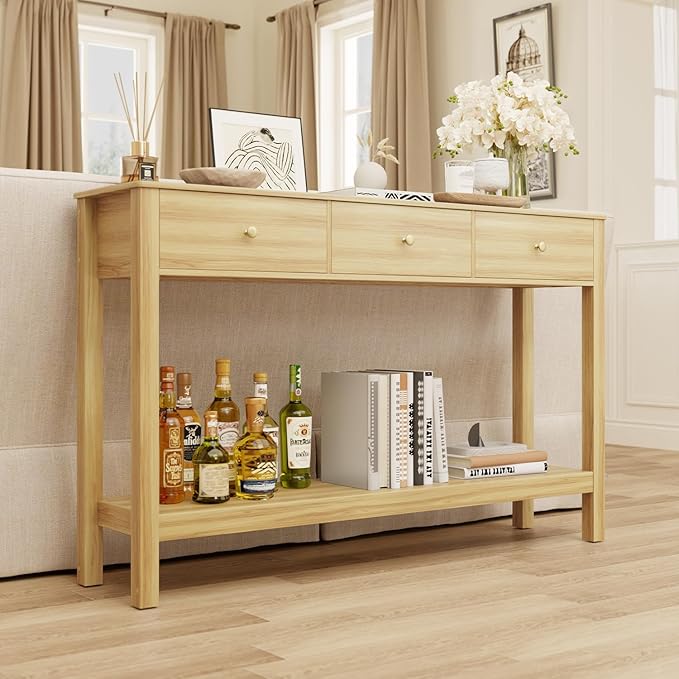 Gizoon 3 Drawer Sofa Table with, Modern Accent Console Table with Open Shelf, for Living Room, Front Hall, Entrance Hall, Study Room, Oak Color