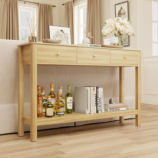 Gizoon 3 Drawer Sofa Table with, Modern Accent Console Table with Open Shelf, for Living Room, Front Hall, Entrance Hall, Study Room, Oak Color