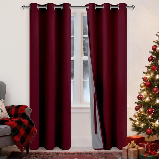XWZO 100% Blackout Curtains with Tiebacks- 2 Thick Layers Completely Shaded Window Treatment Thermal Insulated Lined Drapes with Grommets for Bedroom/Patio Door, Burgundy, W38 x L84, Set of 2 Panels