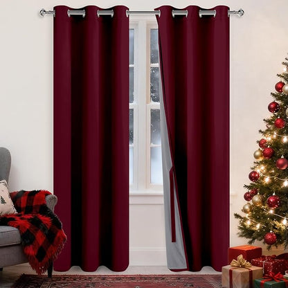 XWZO 100% Blackout Curtains with Tiebacks- 2 Thick Layers Completely Shaded Window Treatment Thermal Insulated Lined Drapes with Grommets for Bedroom/Patio Door, Burgundy, W42 x L84, Set of 2 Panels