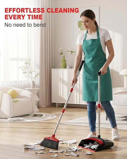 Broom and Dustpan Set Upright Standing Sweeper with Long Handle Folding Dust Pan with Built-in Teeth Comb Indoor & Outdoor Cleaning Compact Storage Broom Dustpan Combo Set