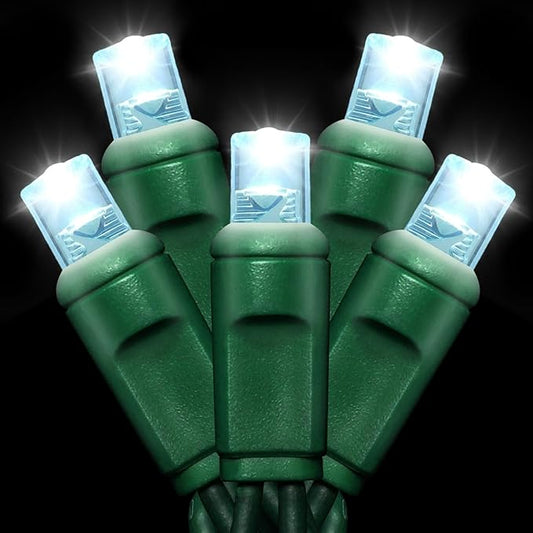 25ft 50 Counts White LED Christmas Lights - Commercial Grade Outdoor Waterproof, 5mm Wide Angle Green Wire, Xmas Tree Light, IP65, UL, JK5665