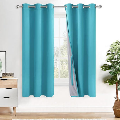 XWZO Total Blackout Curtains 63 Inches Long - Double Layer Full Room Darkening & Energy Efficiency Grommet Window Panels with Tiebacks, Turquoise, W42 x L63, Set of 2