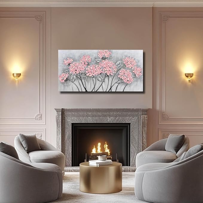 SOUGUAN Flower Wall Decor/Living Room Decorations/Pink Modern Artwork/Hand Painted Botanical Paintings for Bedroom Kitchen Home Office 20"x 40"