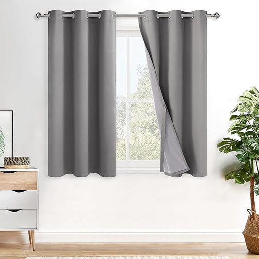 XWZO Total Blackout Curtains 54 Inches Long - Double Layer Full Room Darkening & Energy Efficiency Grommet Window Panels with Tiebacks, Grey, W42 x L54, Set of 2