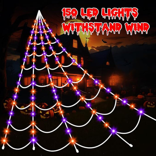 Halloween Decorations Spider Webs Lights: 150 Purple & Orange LED Halloween Lights Decor Outdoor, 17.4Ft Giant Spiderweb with 8 Lighting Modes Waterproof & Timer, Yard Spider Web Decoration