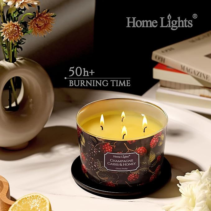 HomeLights Scented Candles for Women & Men, 18oz Candle Jars Aromatherapy 4-Wick Candle, Ideal for Eclectic Mixed Styles Home Decor and Gifts, Champagne Cassis & Honey