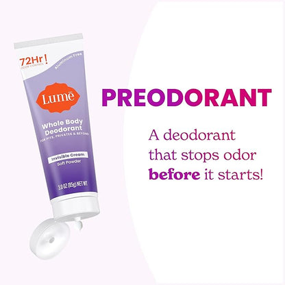 Lume Whole Body Deodorant - Invisible Cream Tube - 72 Hour Odor Control - Aluminum Free, Baking Soda Free, Skin Safe - 3.0 ounce (Soft Powder)
