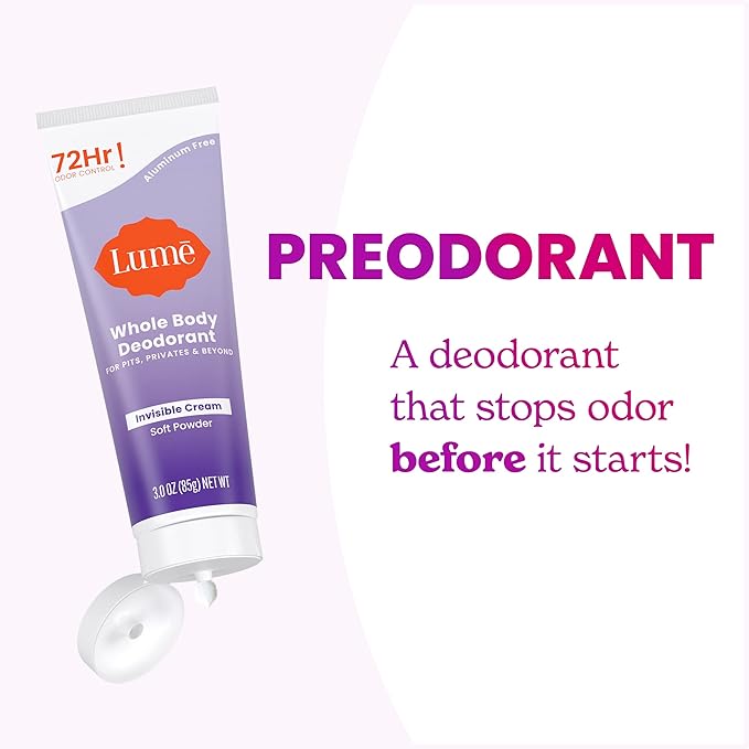 Lume Whole Body Deodorant - Invisible Cream Tube - 72 Hour Odor Control - Aluminum Free, Baking Soda Free, Skin Safe - 3.0 ounce (Pack of 2) (Soft Powder)