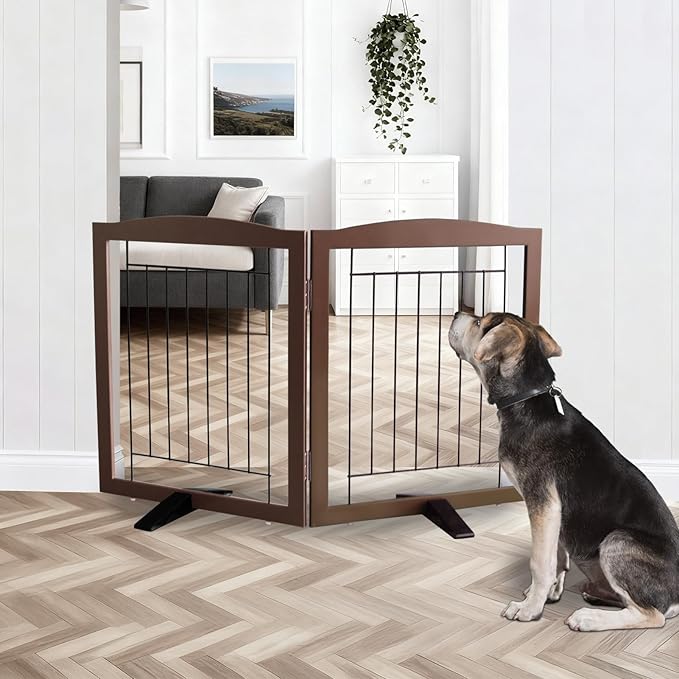 ZJSF Freestanding Dog Fence Indoor, Foldable Dog Gate for Doorways, Stairs or Hallways, Sturdy Wood Extra Wide Pet Gate with Support Feet for The House, Brown, 24 "Height-2 Panels
