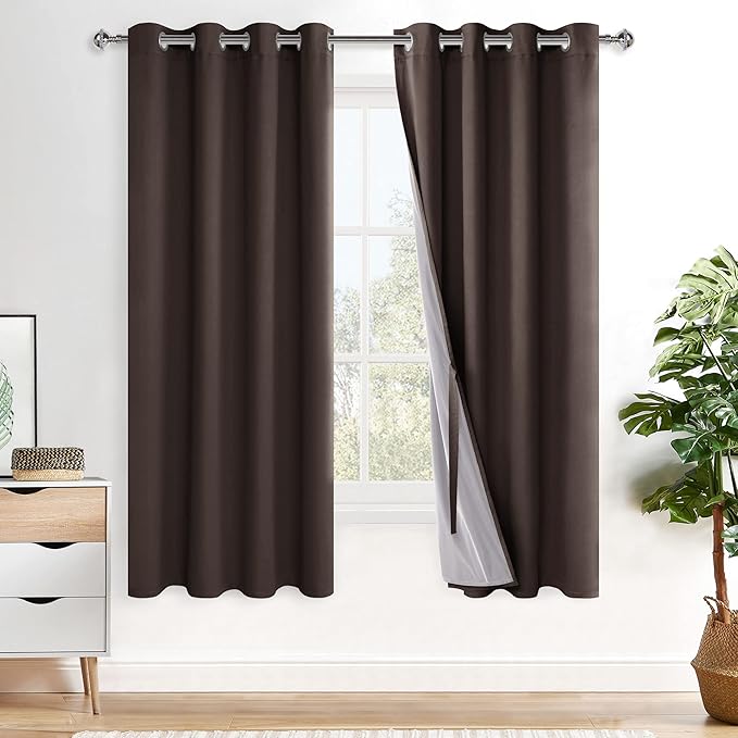 XWZO 100% Blackout Curtains with Tiebacks- 2 Thick Layers Completely Shaded Window Treatment Thermal Insulated Lined Drapes with Grommets for Bedroom/Living Room, Brown, W52 x L63, Set of 2 Panels