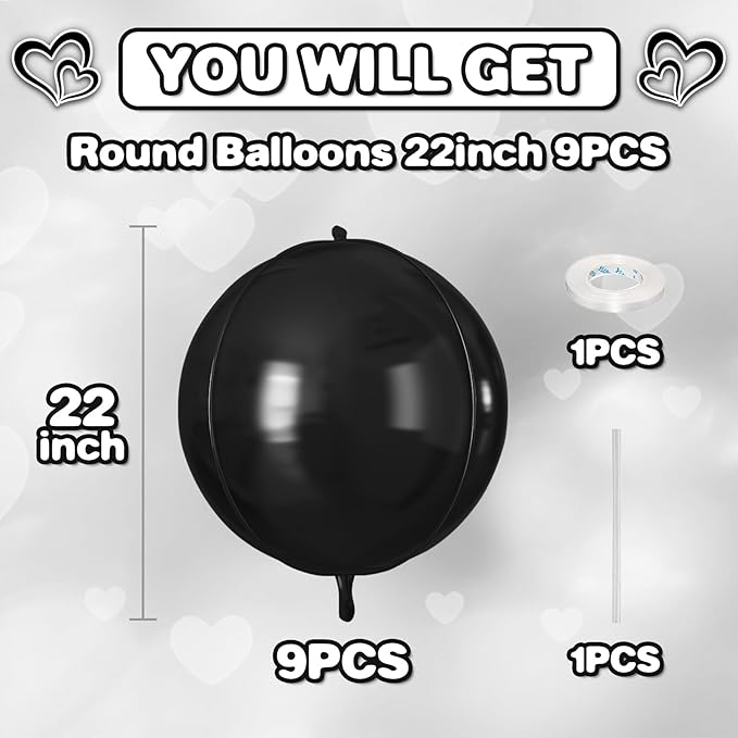 Black Round Foil Balloons 9 pcs,Black Giant 4D Round Balloons 22 Inch for Wedding Graduation Anniversary Baby Shower Birthday Party Decorations