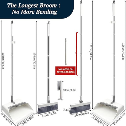 Long-Handled Broom and Dustpan Set, Windproof Broom Combination, 180-degree Rotating Brush Head with Upright Dustpan, Suitable for Indoor and Outdoor Cleaning. (White)