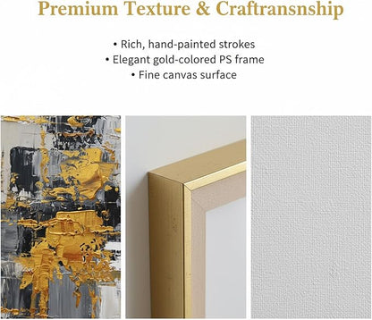 Hand-Painted Abstract Living Room Wall Art,Framed Large Black and White Canvas Oil Painting for bedroom,3D Gold Thick Textrued Abstract Wall Decor for Office Home Decoration 32x48 inches