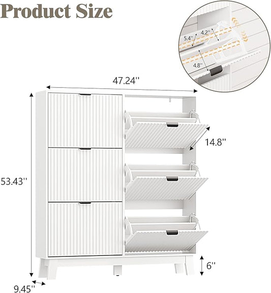 Shoe Cabinet Storage for Entryway with 6 Flip Drawers, Fluted Narrow Shoe Organizer with Wooden Legs, Freestanding Slim Shoe Storage Hidden Shoe Rack Organizer for Front Door Entrance, White